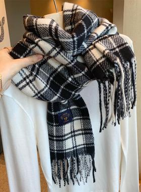 韩国经典黑色流苏格子仿羊绒围巾女秋冬季百搭情侣加厚保暖围脖男