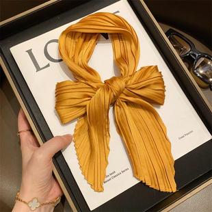 高品质姜黄色褶皱长条丝巾女春秋季韩版百搭小领巾装饰围巾飘带潮