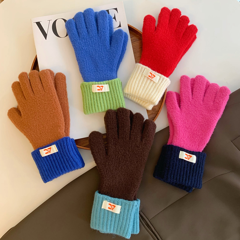 情侣撞色针织毛线分指手套冬季保暖露指可触屏韩版学生防寒骑行潮