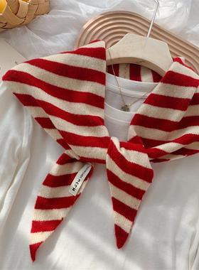 澳洲精品100%羊毛小围巾女秋冬季韩版条纹百搭小披肩三角巾围脖潮