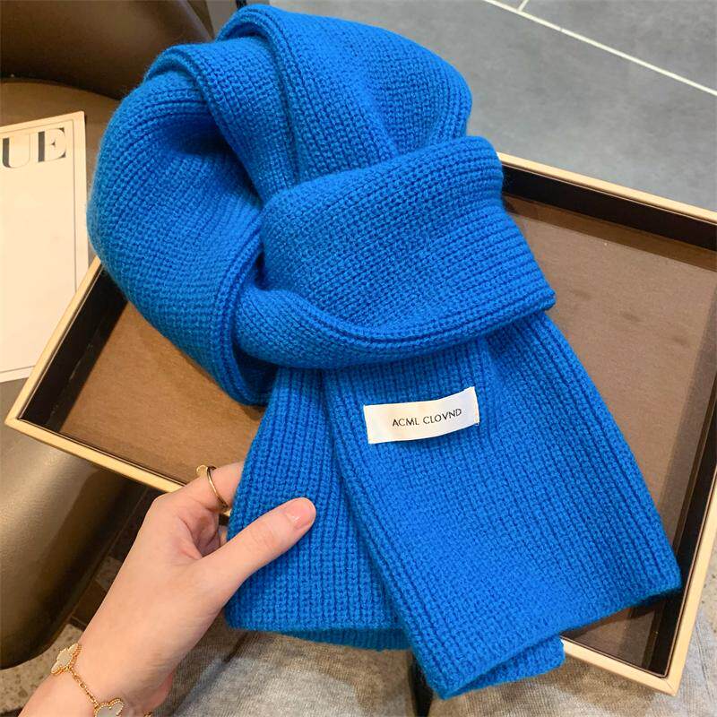ins韩系克莱因蓝色针织围巾女冬季纯色百搭学生情侣保暖毛线围脖