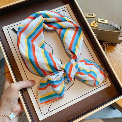 多巴胺彩色条纹纯棉小方巾女春秋