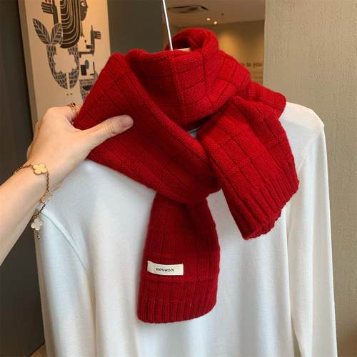 红色100%澳洲羊毛针织围巾女冬季