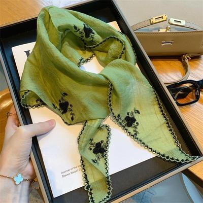复古绿色花朵三角小丝巾女春秋季