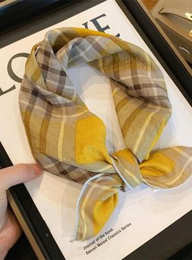 日系复古格子棉麻小方巾女春秋季薄款透气百搭小丝巾装饰领巾发带