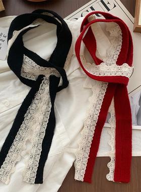 蕾丝花边拼接细窄长条小围巾女秋冬季韩版百搭装饰针织小领巾飘带