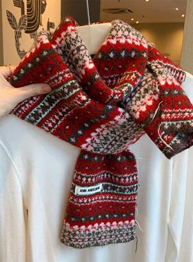 费尔岛风复古红色提花针织围巾女冬季韩版百搭学生加厚保暖围脖潮