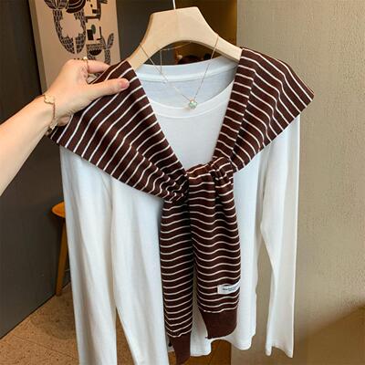 韩国棕条纹针织外搭披肩女春秋季