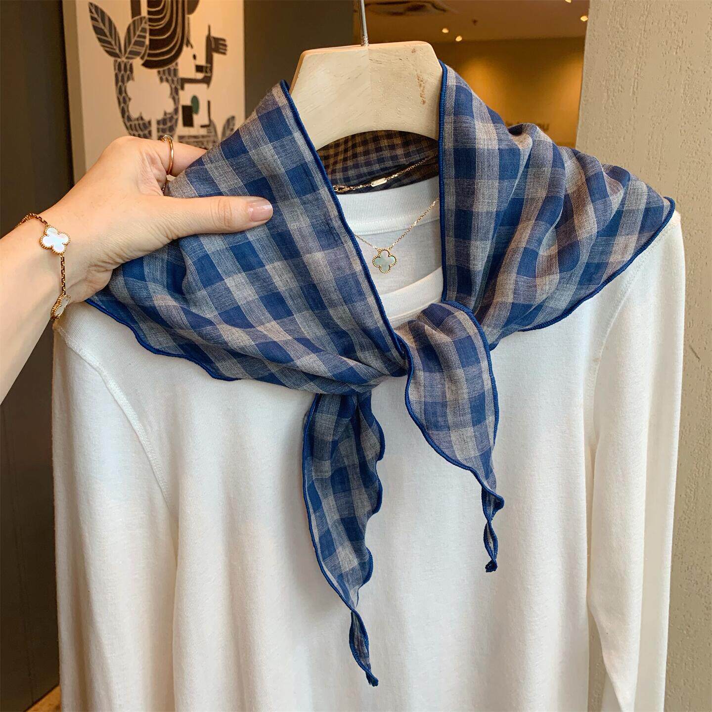 2026春秋季新款格子纯棉三角小丝巾女韩版百搭装饰小披肩领巾头巾