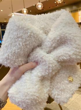 高品质小金扣羊羔绒毛毛围巾女冬季百搭交叉毛领情侣保暖毛绒围脖