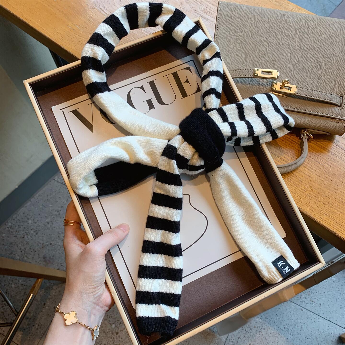 韩系黑白长条针织小围巾女秋冬季