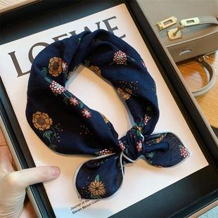 饰领巾头巾发带 透气百搭小丝巾装 复古花朵棉麻小方巾女春秋季 薄款