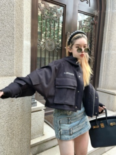 设计师Xiaoliwu秋冬连帽落肩口袋工装短款风衣外套夹克黑色