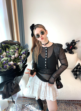 设计师nonhuman蚂蚁25甜酷黑色网纱弹力扣字显瘦打底衫小衫防晒