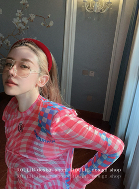 设计师nonhuman蚂蚁25春夏蜜粉胭脂格子弹力网纱皮肤衣打底衫防晒