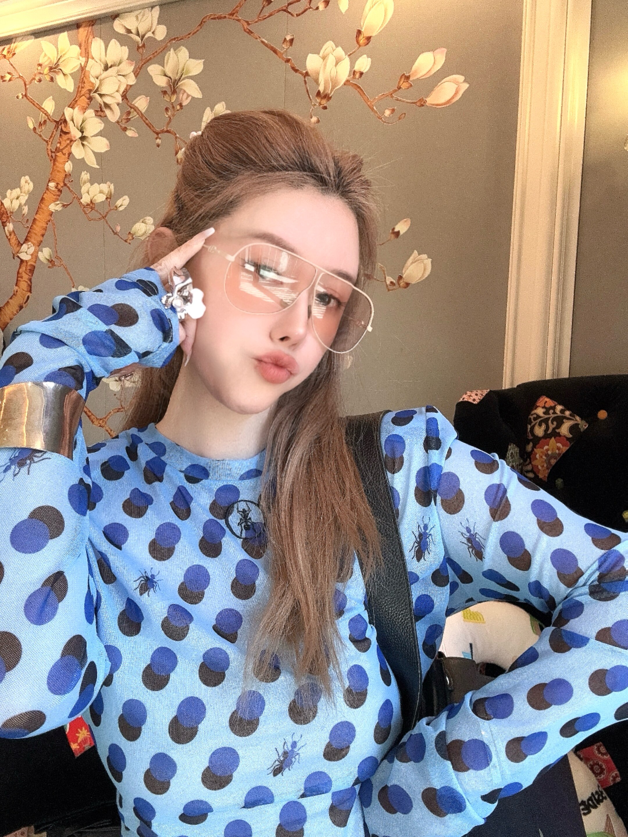 设计师nonhuman蚂蚁26春夏蓝色波点弹力网纱皮肤衣打底衫防晒度假