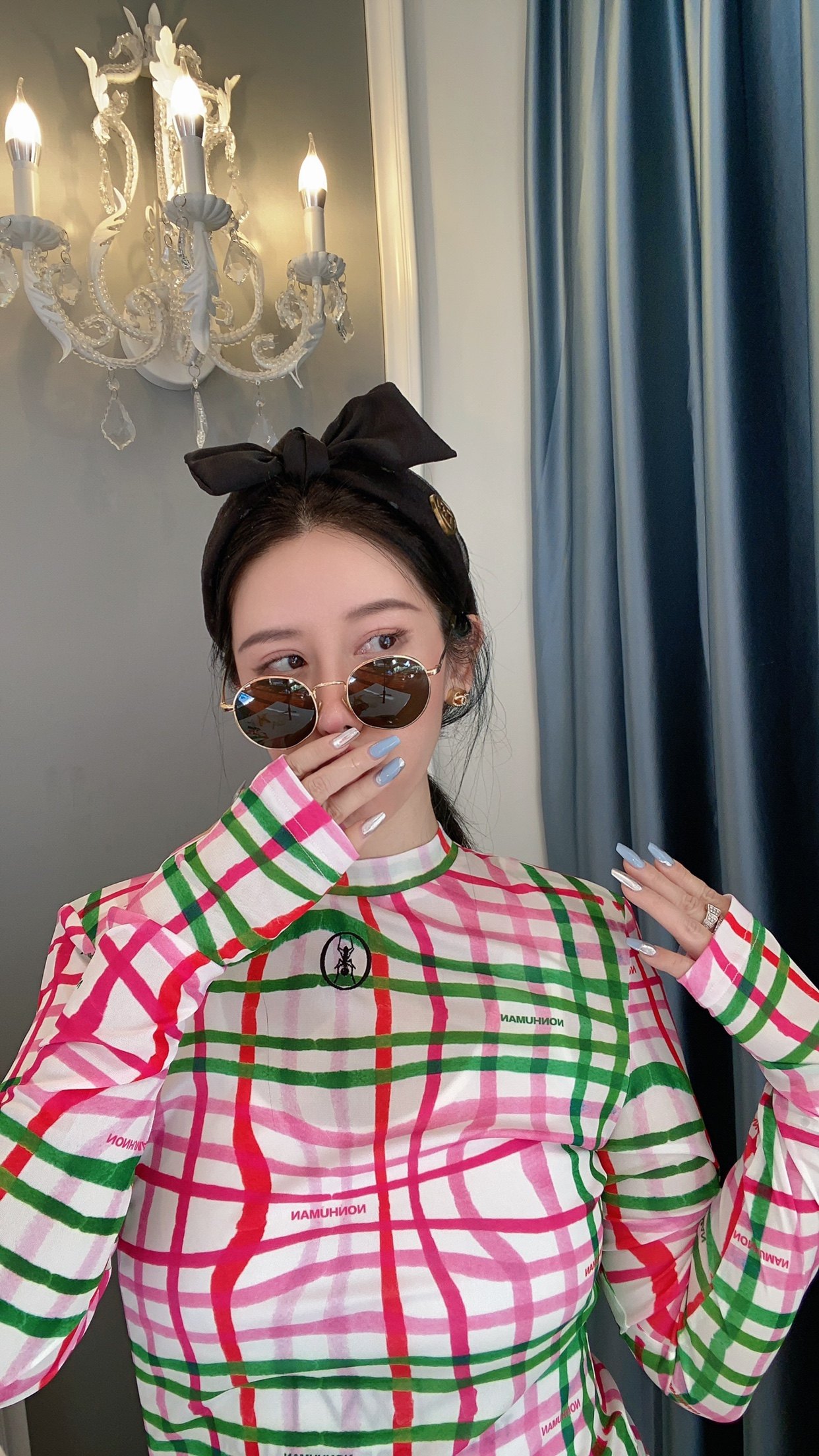 设计师nonhumam蚂蚁手绘格子弹力打底衫皮肤衣多巴胺色防晒