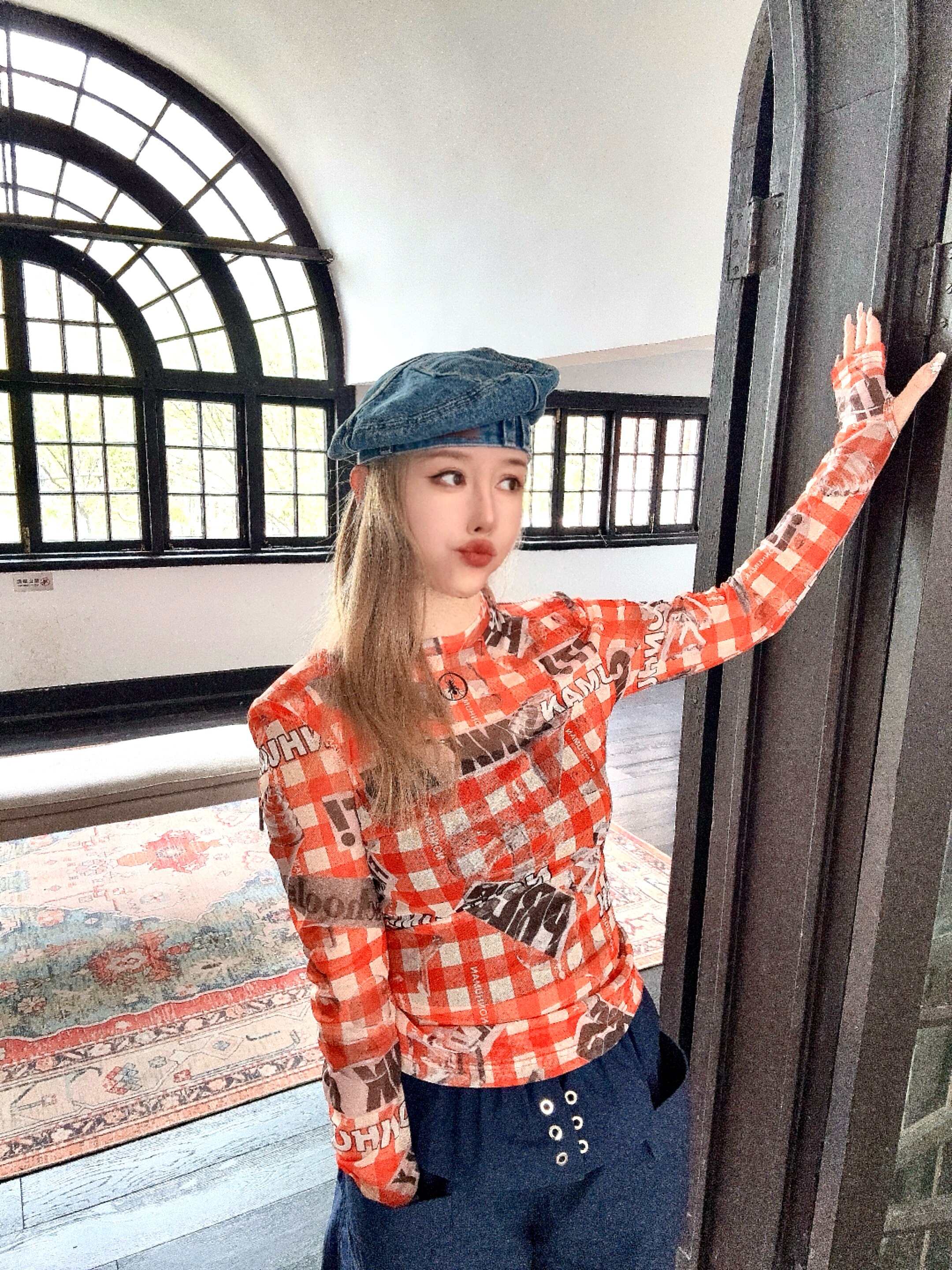 设计师nonhuman蚂蚁 时装周秀款限定款 橘色格子弹力网纱皮肤衣