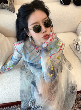 设计师nonhuman蚂蚁文艺涂鸦牛仔印染字母皮肤衣弹力打底衫防晒