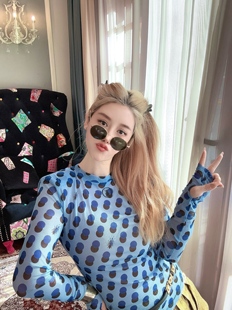 设计师nonhuman蚂蚁26春夏蓝色波点弹力网纱皮肤衣打底衫防晒度假