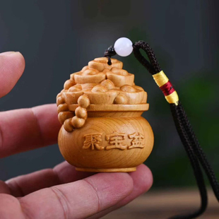 天然崖柏木雕招财聚宝盆摆件手把件挂件吊坠手机链钥匙扣盘玩文玩