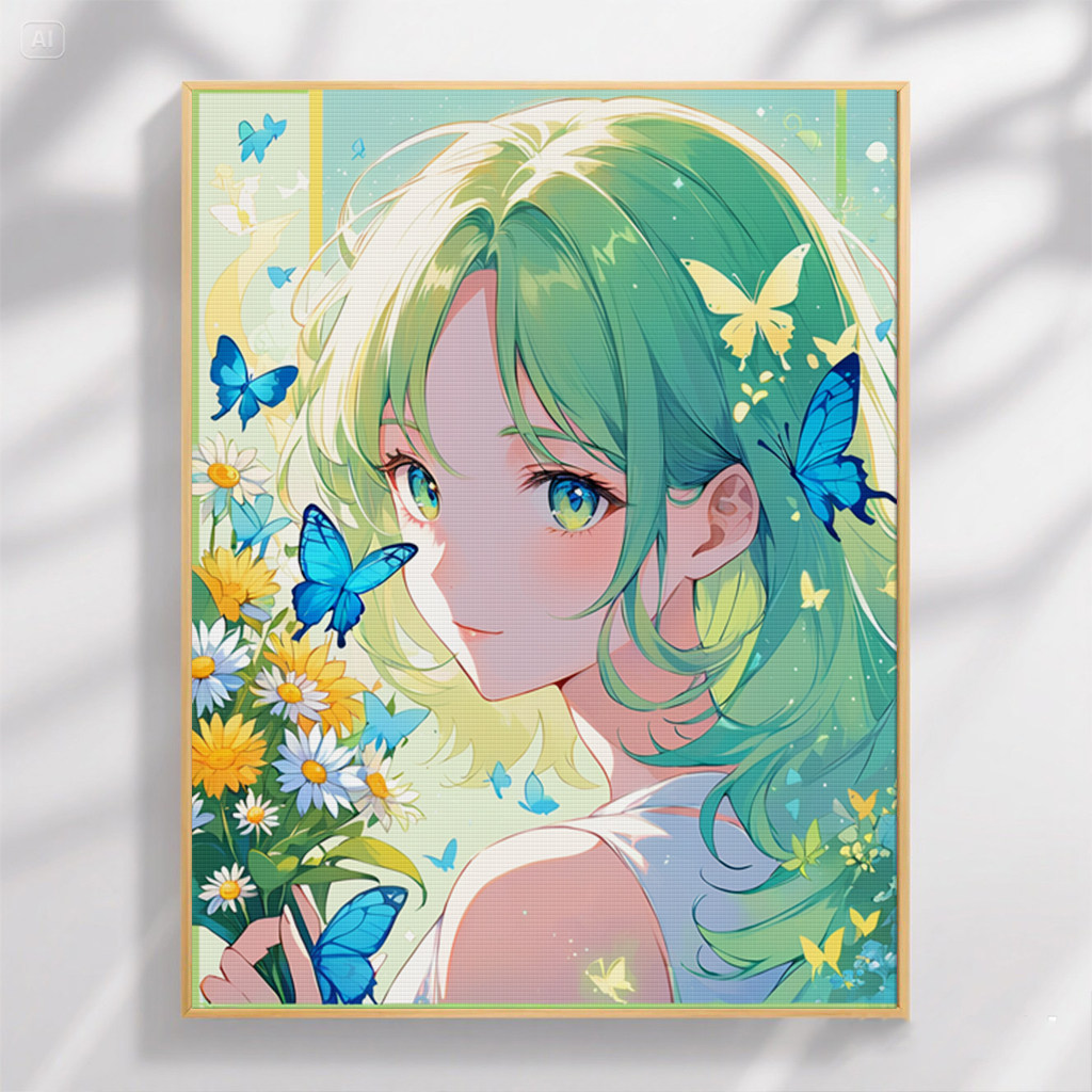 蝴蝶绿发少女新款十字绣线绣手工自己绣客厅卧室钻石画简单小幅绣