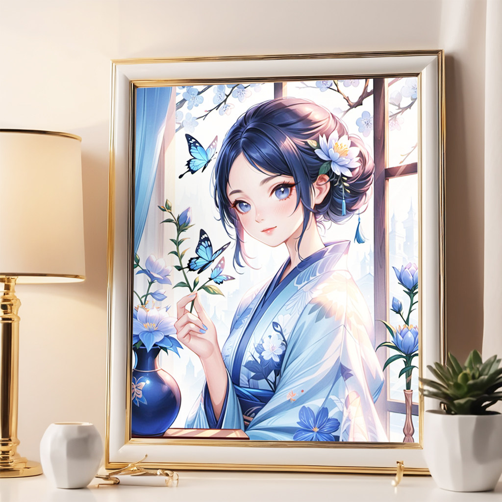 蝴蝶美女新款线绣十字绣自己绣卧室简单小幅花季少女钻石画粘钻绣