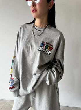 小北韩国代购男装东大门votus彩色米奇印花宽松情侣长袖T恤男女