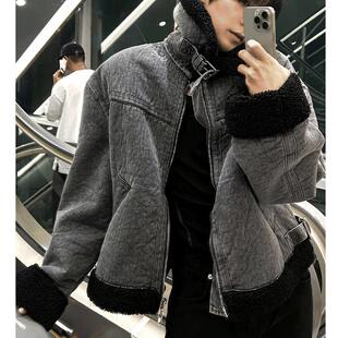 韩国男装东大门代购夹克外套复古羊羔绒内里翻领机车牛仔拼接保暖