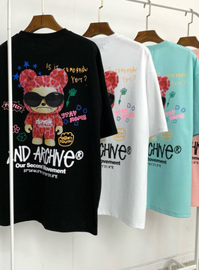 小北韩国代购男装2ND可爱墨镜小熊印花短袖T恤夏季吸汗弹力潮牌