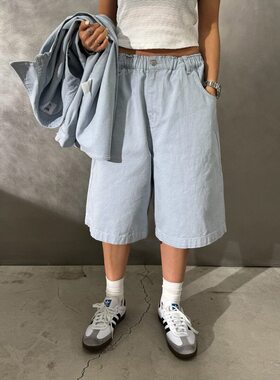 小北韩国代购男装东大门votus松紧腰设计水洗潮牌牛仔短款情侣