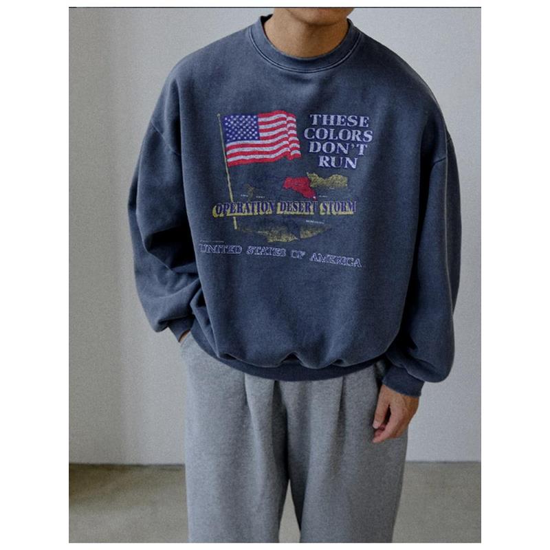 小北韩国代购男装东大门圆领卫衣复古USA字母印花宽松落肩套头衫