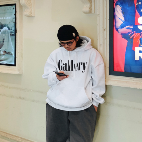 小北韩国代购男装东大门加绒连帽卫衣简约字母印花宽松落肩帽衫