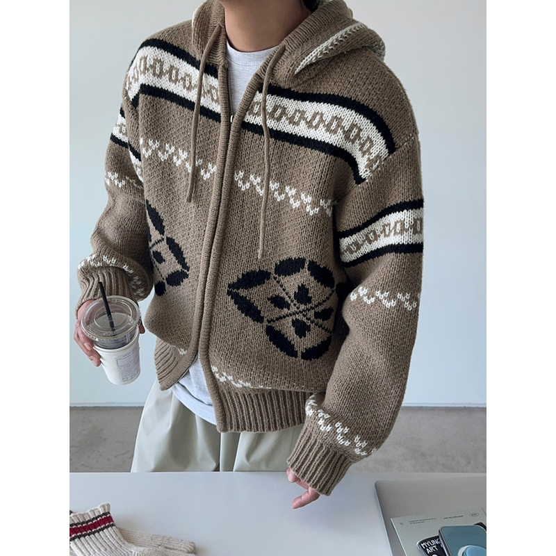 小北韩国代购男装东大门连帽针织开衫双拉链开襟几何花纹帽衫毛衣