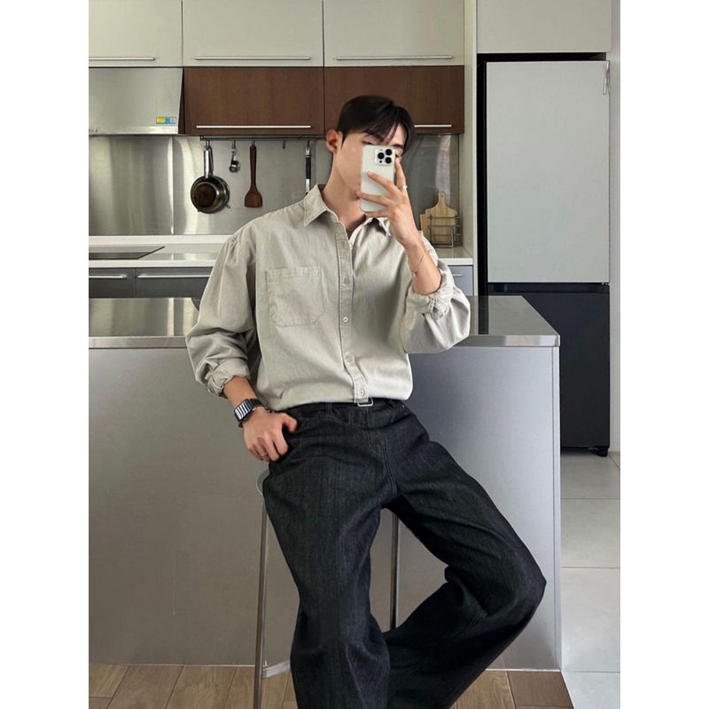 韩国男装代购东大门长袖衬衫宽松衬衣重工水洗单贴口袋设计翻领