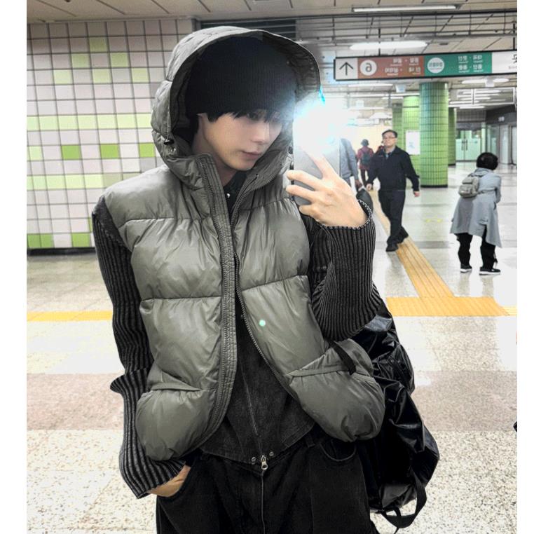 小北韩国代购男装东大门连帽马甲绗线简约保暖潮搭蓬松棉服外套