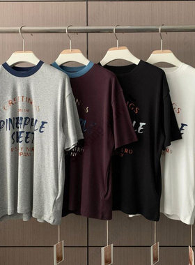 小北韩国代购男装东大门短袖T恤SIGNIGT菠萝印花亚麻撞色领口简约