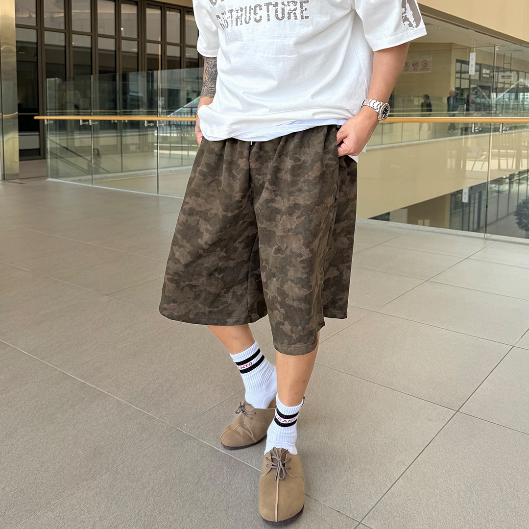 韩国男装代购东大门休闲短裤迷彩五分裤重工高街掐褶阔腿过膝百搭