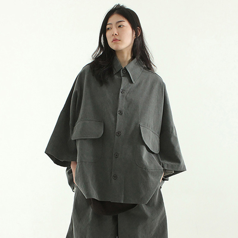 小北韩国代购男装短袖衬衫oversize pigmented pocket half shirt