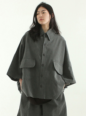 小北韩国代购男装短袖衬衫oversize pigmented pocket half shirt
