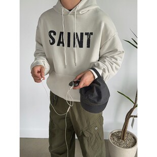 小北韩国代购 东大门复古做旧印花潮流SAINT水洗棉连帽卫衣 男装
