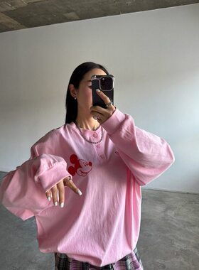 小北韩国代购男装东大门votus亨利领纽扣卡通米奇彩色长袖T恤情侣