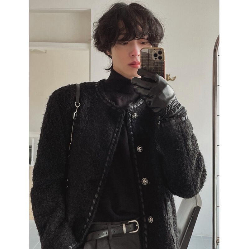 小北韩国代购男装东大门小香风夹克包边设计系扣羊毛毛绒外套