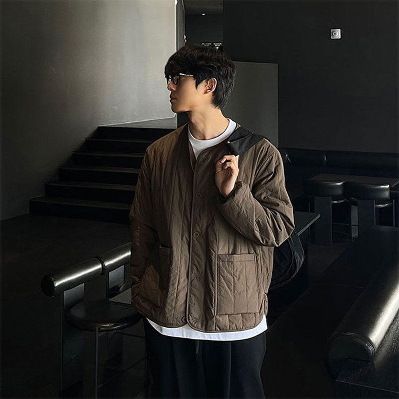 小北韩国代购男装东大门棉服外套无领竖条纹肌理情侣款轻奢休闲风