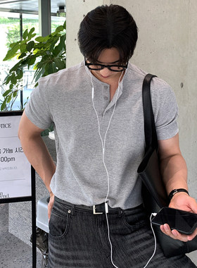 小北韩国男装代购东大门短袖T恤LOGAN亨利领华夫格针织轻奢风高级