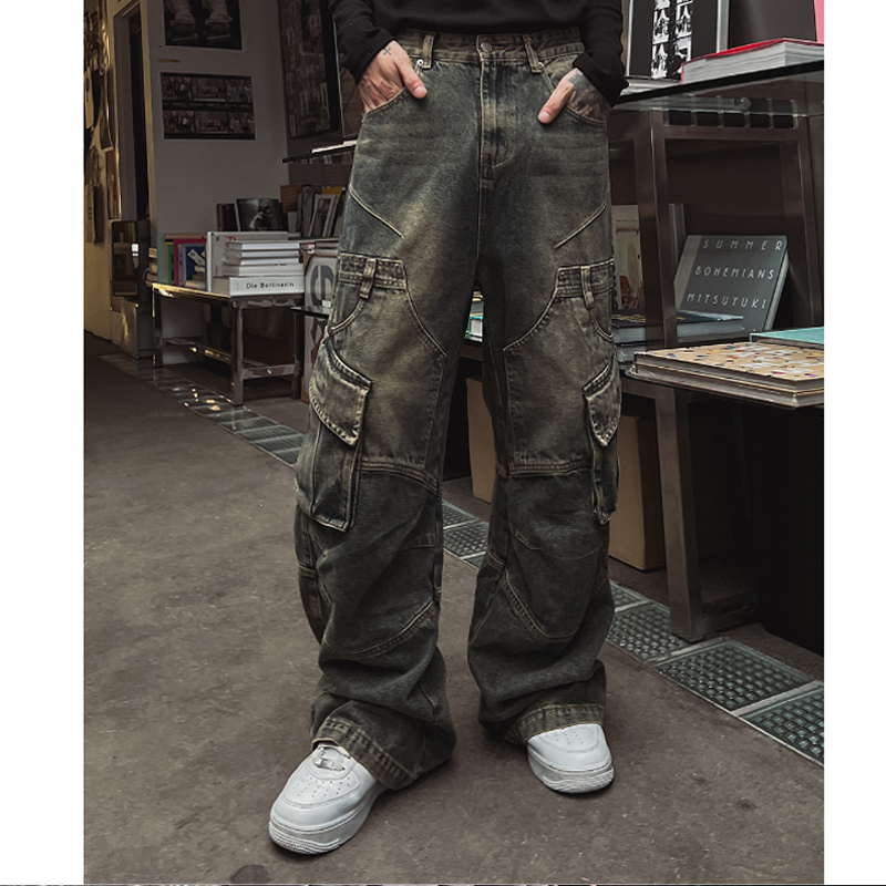 小北韩国男装代购东大门潮搭重工水洗做旧拼接工装口袋直筒牛仔裤