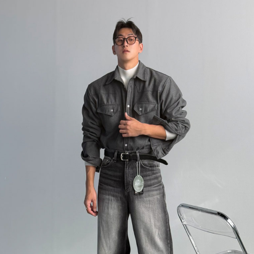 小北韩国代购男装东大门长袖衬衫加厚休闲轻熟翻盖口袋羊毛呢衬衣