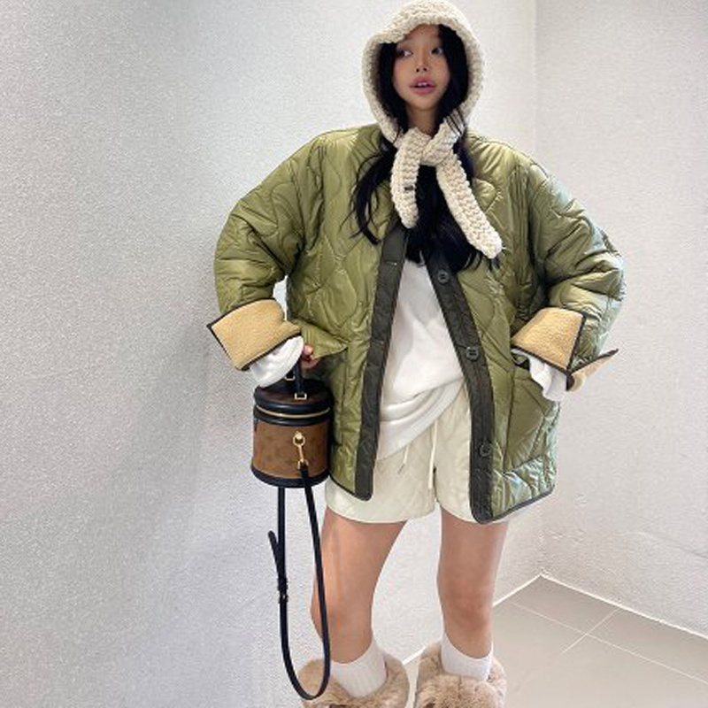 小北韩国代购男装东大门棉服波浪绗线圆领潮搭保暖羊羔绒外套