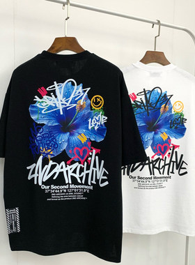 小北韩国代购男装2ND潮牌减龄蓝色花朵印花宽松os短袖T恤夏季新品