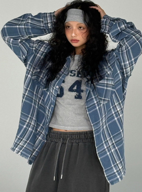 韩国男装代购东大门格纹长袖衬衫男女衬衣UNUSED LAB翻领格子休闲